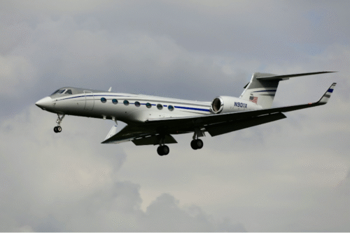 A US Gulfstream G500 flying in a cloudy sky